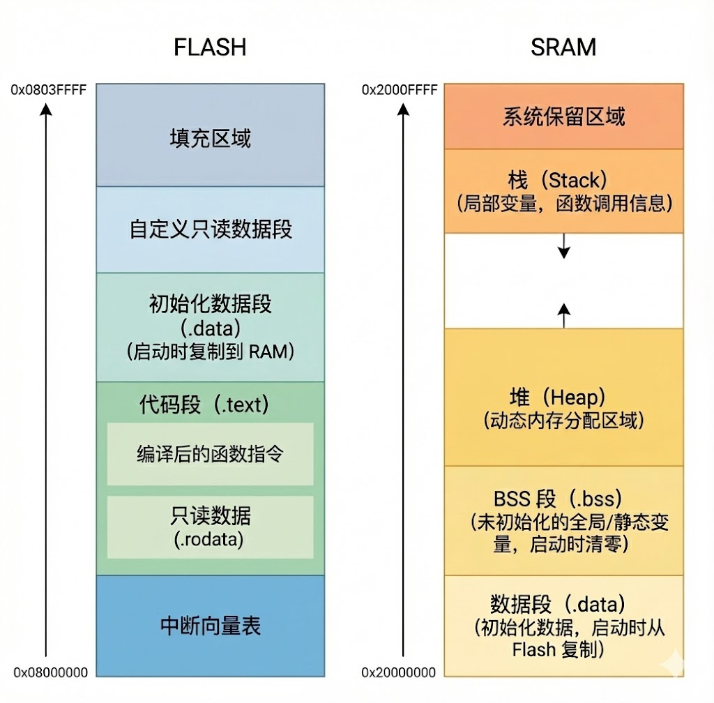 各个段在内存中的示意图(箭头代表增长方向)